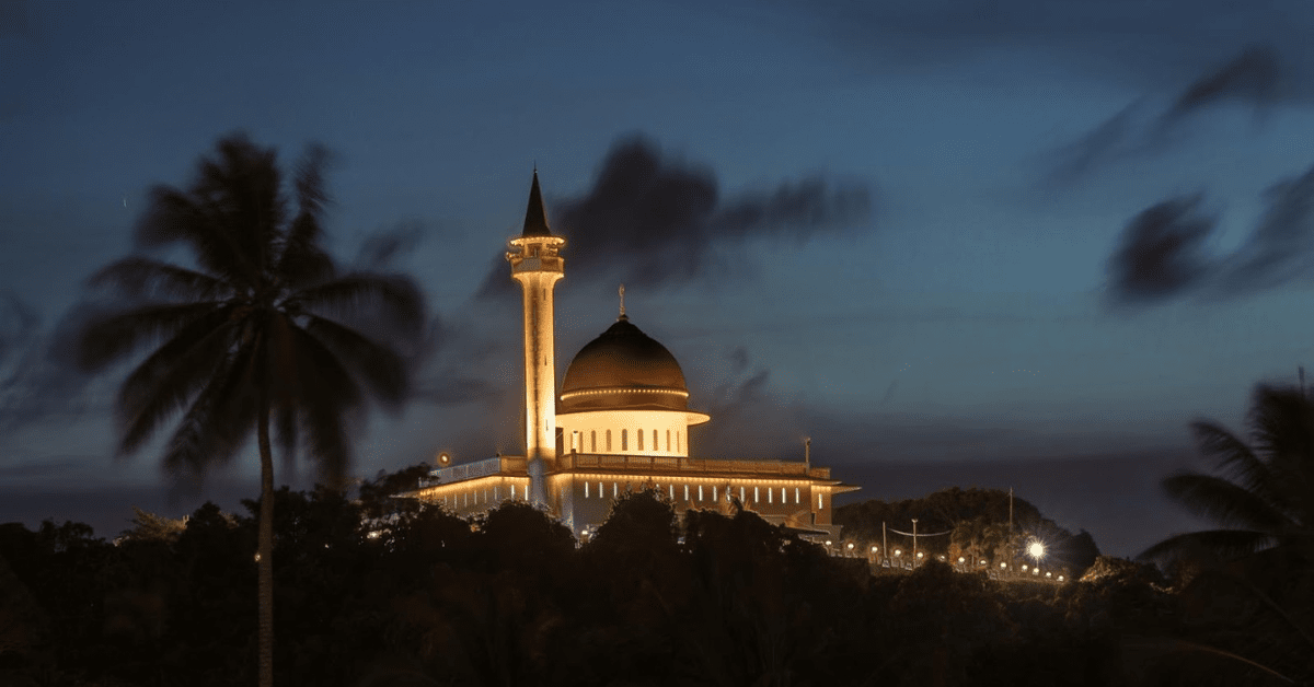 a malaysian temple lit up at night with a palm tree in the foreground, on the left.